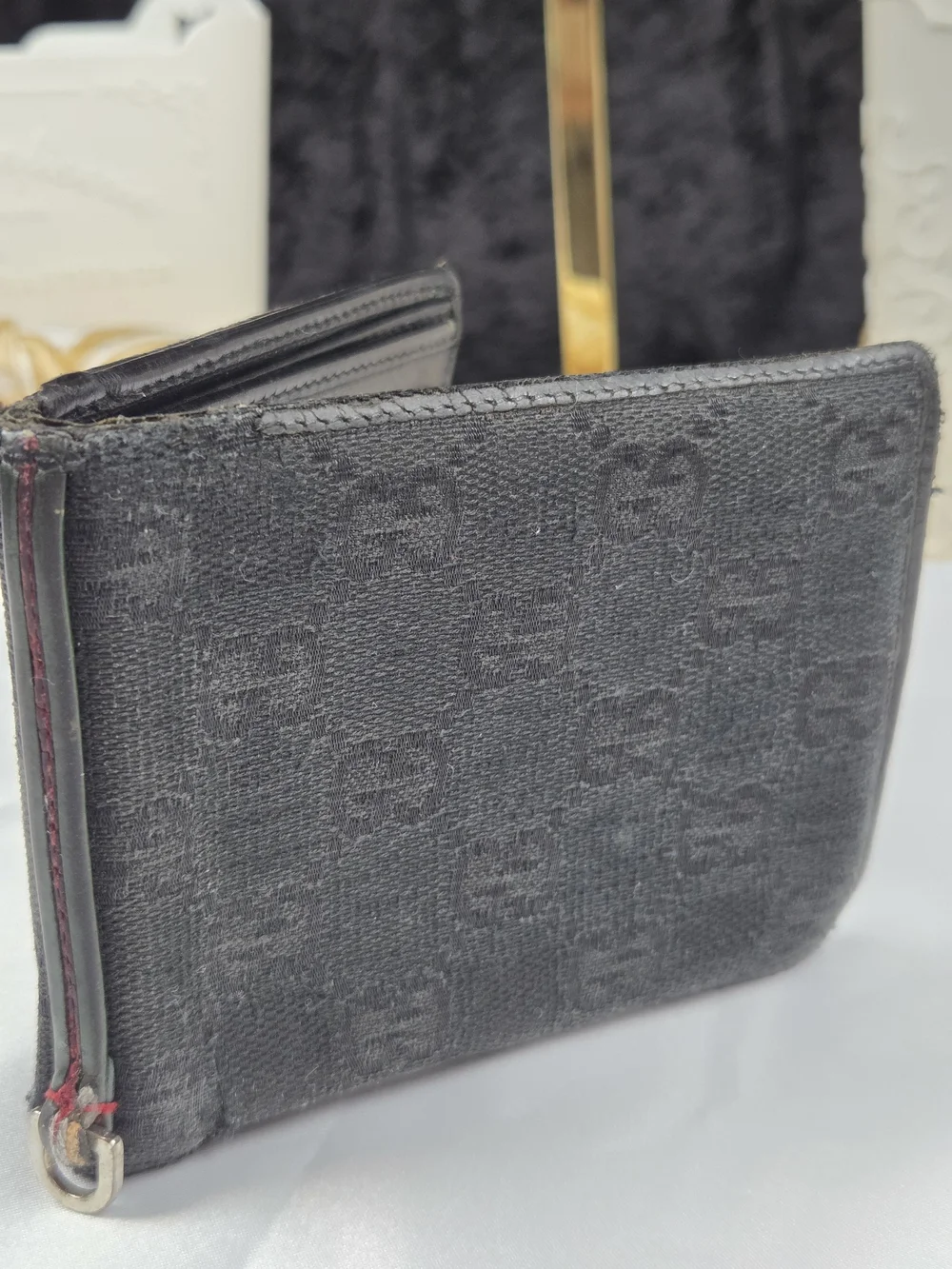 Authentic Gucci Black GG Canvas Bifold Wallet Hidden Coin Pouch Leather